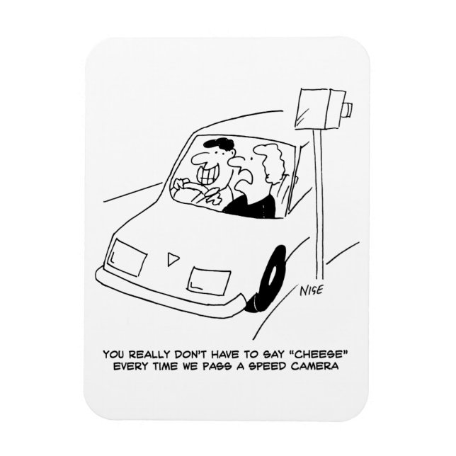 Funny Speed Camera Cartoon Shows Man Driving Magnet (Vertical)