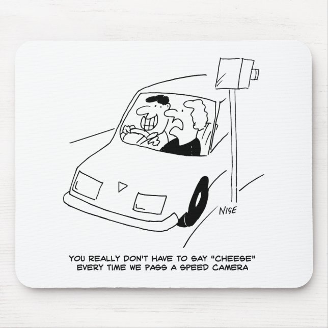 Funny Speed Camera Cartoon Shows Man Driving Mouse Mat (Front)