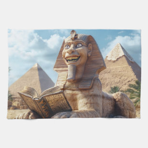 Funny Sphinx Statue Reading Ancient Book in Egypt Tea Towel