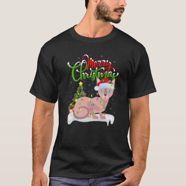 Funny Sphynx Cat Lover Xmas Lighting Sphynx Cat Ch T-Shirt (Front)