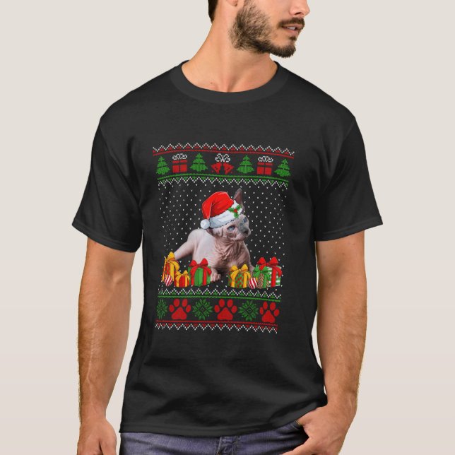 Funny Sphynx Cat Santa Hat Ugly Christmas Sweater  (Front)
