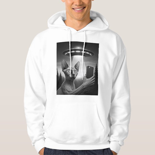 Funny Sphynx Cat Selfie Ufo Alien Abduction Area51 Hoodie (Front)