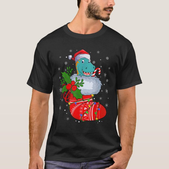Funny Spinosaurus Dinosaur In Christmas Socks Ligh T-Shirt (Front)