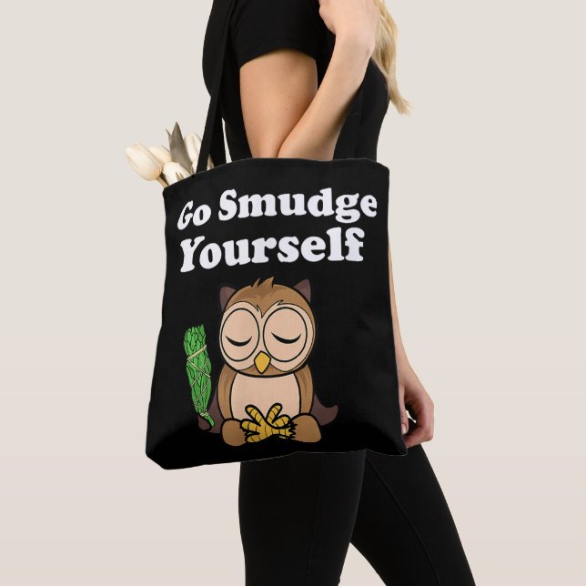 Funny Spiritual Go Smudge Yourself Owl Meditating Tote Bag (Close Up)