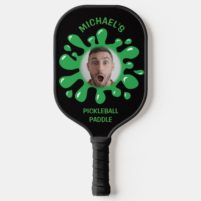 Funny Splatter Squish Green Goo Custom Name Photo Pickleball Paddle (Front)