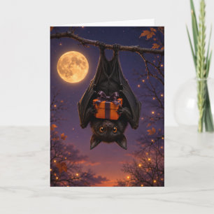 Funny Spooky Bat Holding Gift Halloween Birthday Card
