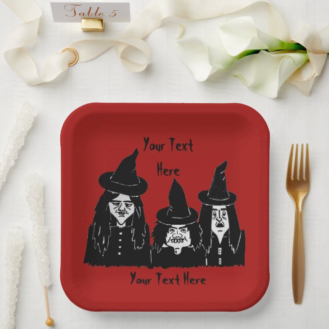 funny spooky black witches scary fun halloween paper plate (Wedding)