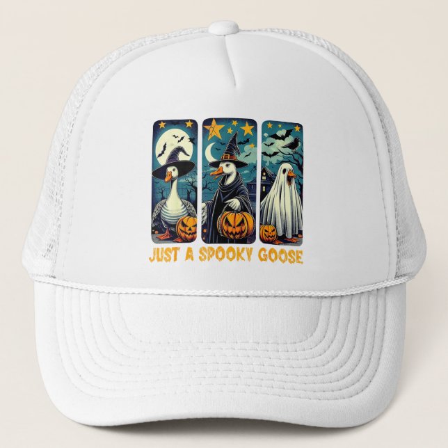 Funny Spooky Goose Halloween Witch Pumpkin Art  Trucker Hat (Front)