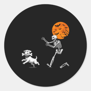 Funny Spooky Humour Halloween Skeleton Chasing Dog Classic Round Sticker
