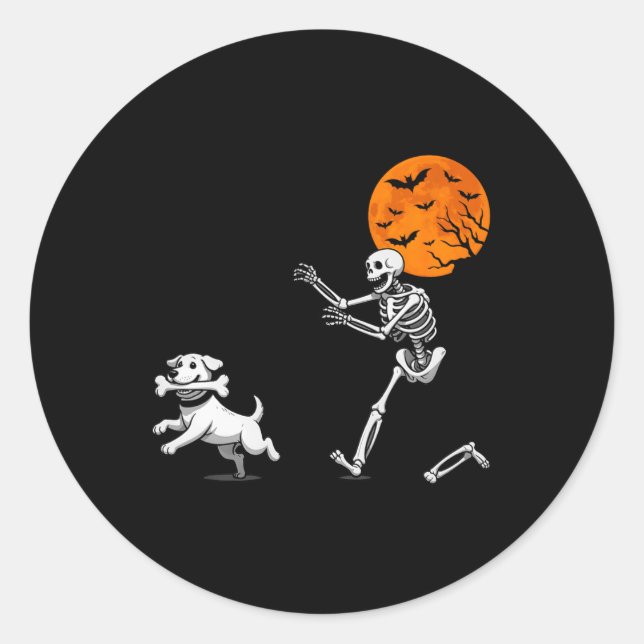 Funny Spooky Humour Halloween Skeleton Chasing Dog Classic Round Sticker (Front)
