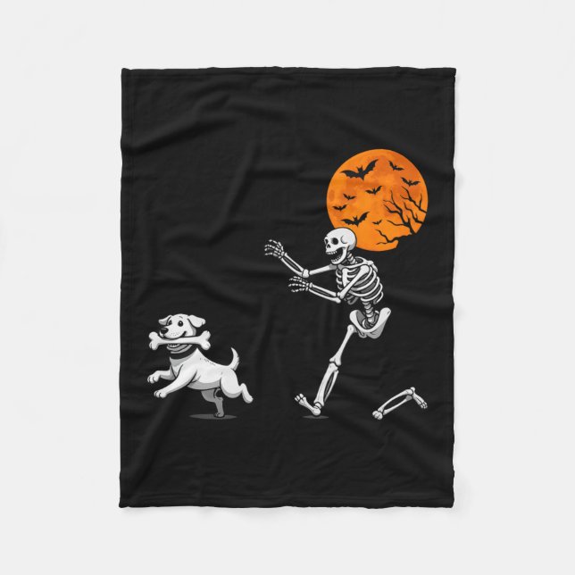 Funny Spooky Humour Halloween Skeleton Chasing Dog Fleece Blanket (Front)