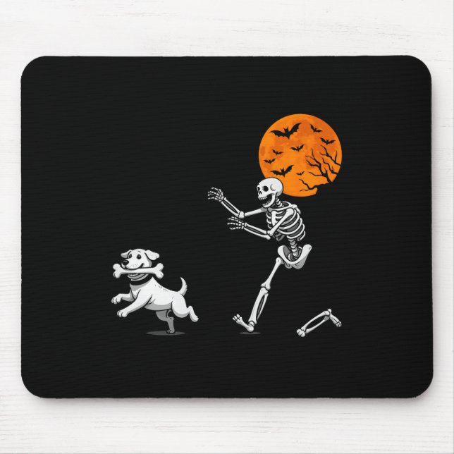 Funny Spooky Humour Halloween Skeleton Chasing Dog Mouse Mat (Front)
