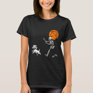 Funny Spooky Humour Halloween Skeleton Chasing Dog T-Shirt