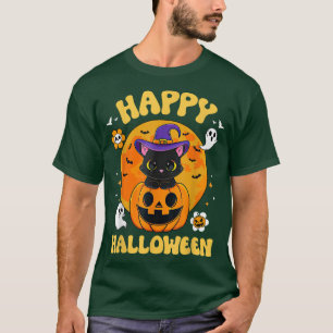 Funny Spooky Season Retro Black Cat Pumpkin Happy T-Shirt