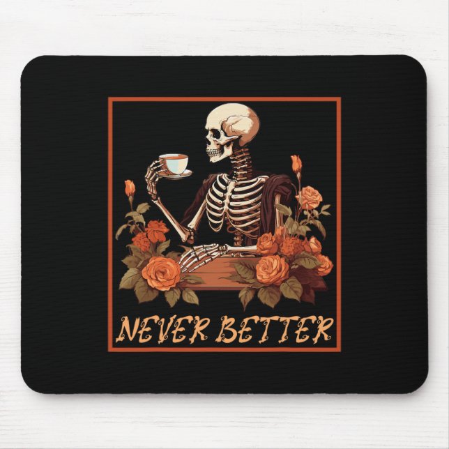 Funny Spooky Skeleton With Coffee And Flowers Hall Mouse Mat (Front)