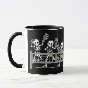 Funny Spooky Three Skeleton Playin Pickleball Gift Mug