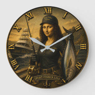 Funny Sport Fishing Mona Lisa Fisherman Gift Large Clock