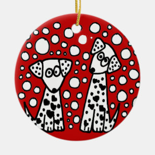 Funny Spotted Dogs with Hearts Ceramic Tree Decoration