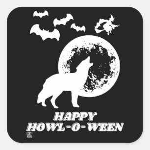 funny square sticker  "HAPPY HOWL-O-WEEN 2"