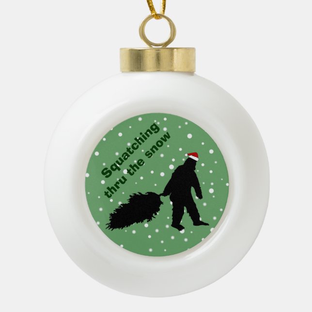 Funny Squatching Thru the Snow Tree Ornament Ball (Front)