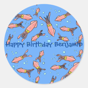 Funny squid school with bubbles cartoon classic round sticker