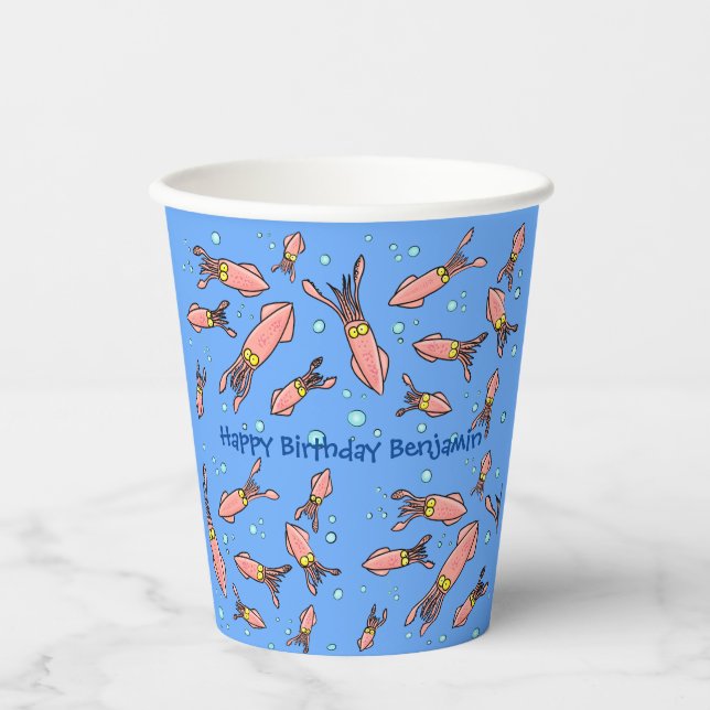 Funny squid school with bubbles cartoon paper cups (Front)