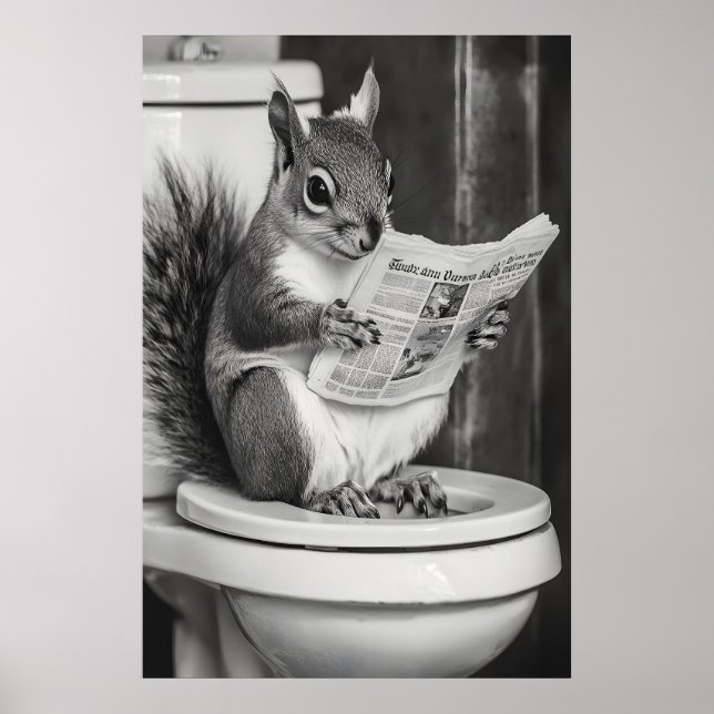 Funny Squirrel Bathroom Print, Reading Newspaper Poster (Front)