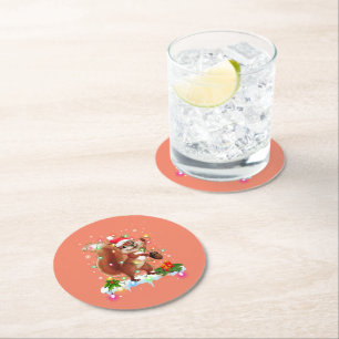 Funny Squirrel Christmas Decorations Santa Hat Xma Round Paper Coaster