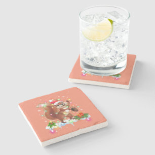 Funny Squirrel Christmas Decorations Santa Hat Xma Stone Coaster