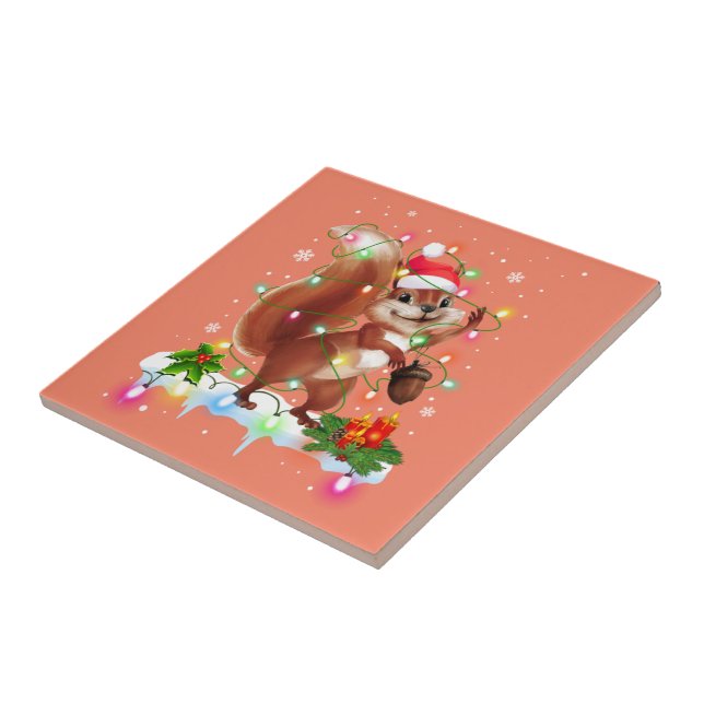Funny Squirrel Christmas Decorations Santa Hat Xma Tile (Side)