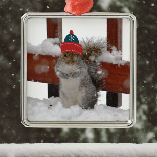 Funny Squirrel in Snowflake Baseball Cap Ornament