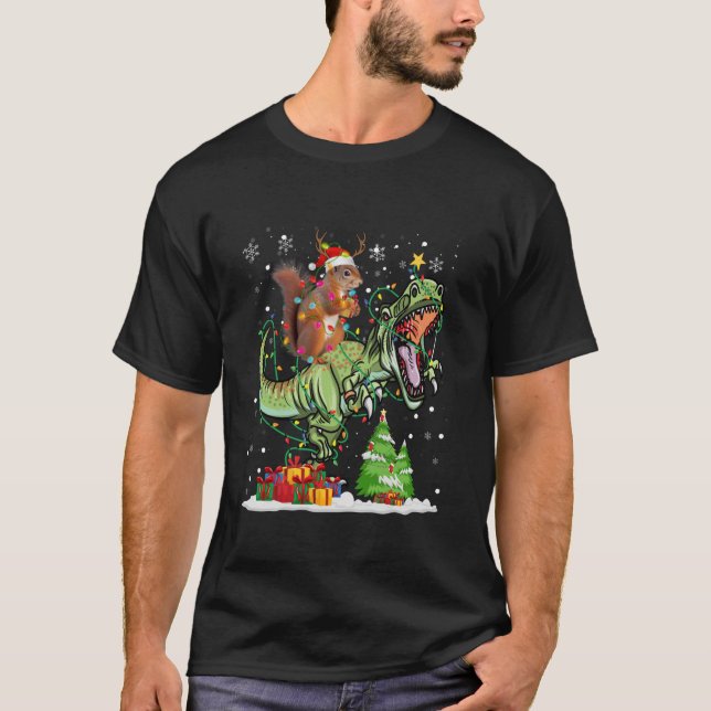 Funny Squirrel Light Santa Hat Tree Snowflakes Chr T-Shirt (Front)