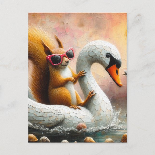 Funny Squirrel on Swan Float Postcard (Front)