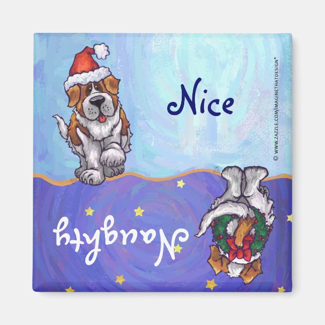 Funny St Bernard Dog Naughty Nice Holiday Magnet (Front)