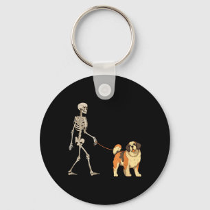 Funny St Bernard Skeleton Dog Walking Halloween Key Ring