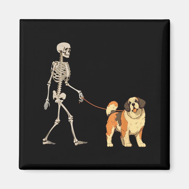 Funny St Bernard Skeleton Dog Walking Halloween Magnet (Front)