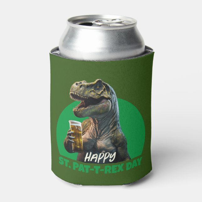 Funny St. Pat-T-Rex Celebration Beer-Loving Dino Can Cooler (Can Front)