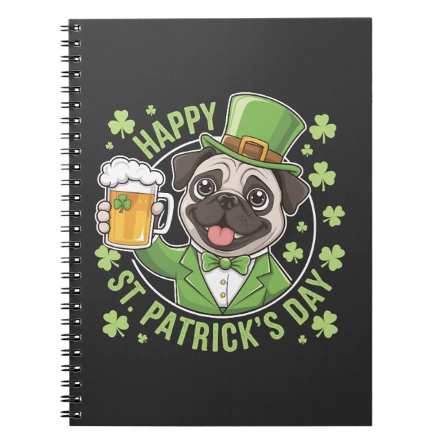 Funny St. Patrick�s Day Pug with Beer Mug Notebook (Front)