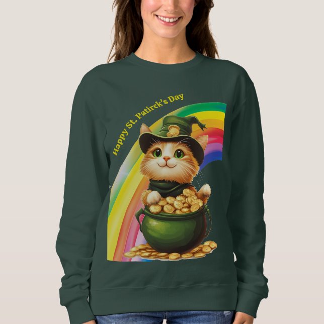 Funny St. Patrick’s Day Sweatshirt Leprechaun Cat (Front)