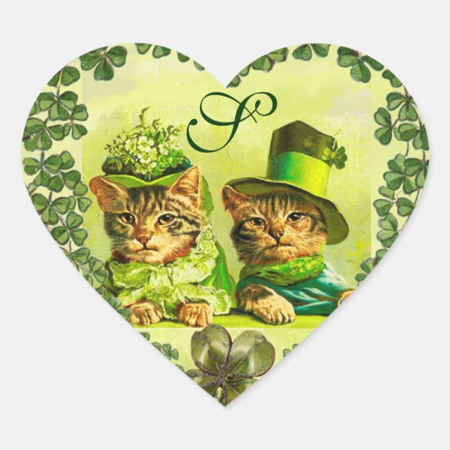 FUNNY ST.PATRICK'S DAY CATS, SHAMROCK HEART STICKER (Front)