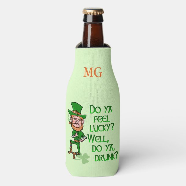 Funny St Patrick's Day Leprechaun Lucky Drunk Bottle Cooler (Bottle Front)