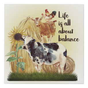 Funny Stacked Cow Goat Chickens Life Balance  Faux Canvas Print