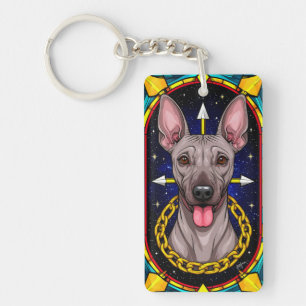 Funny Stained Glass Dog with a Starry Background Key Ring