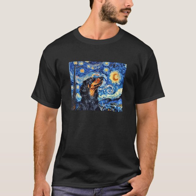 Funny Starry Night Black Long Haired Dachshund Lov T-Shirt (Front)