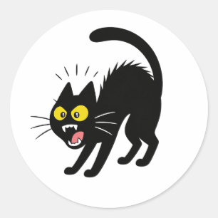 Funny Startled Black Cat Cartoon Illustration Classic Round Sticker