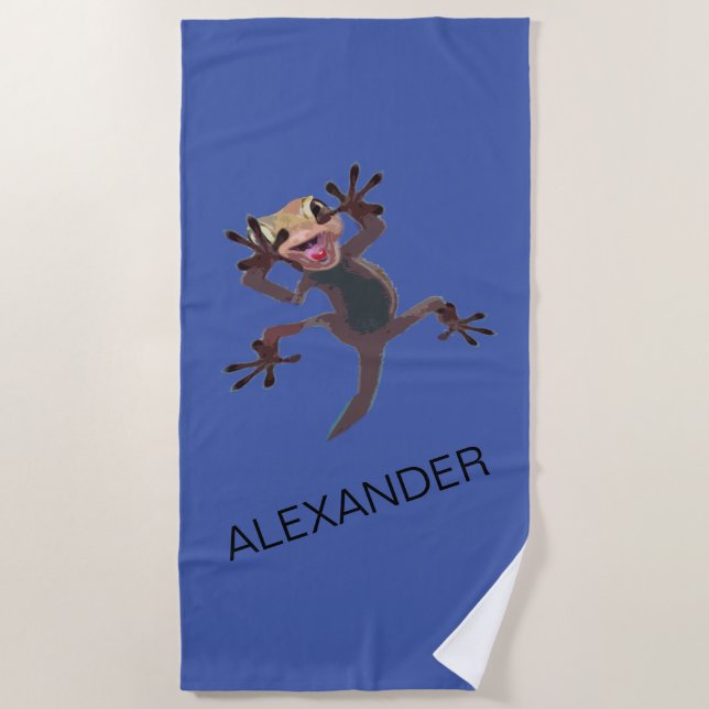 Funny Startled Gecko Lizard Blue Custom Name Beach Towel (Front)