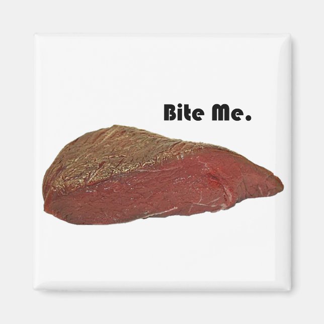 Funny Steak Cartoon, “Bite Me” Meat Pun Design Magnet (Front)