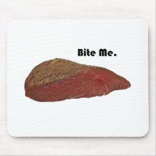 Funny Steak Cartoon, “Bite Me” Meat Pun Design Mouse Mat