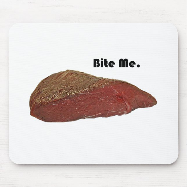 Funny Steak Cartoon, “Bite Me” Meat Pun Design Mouse Mat (Front)