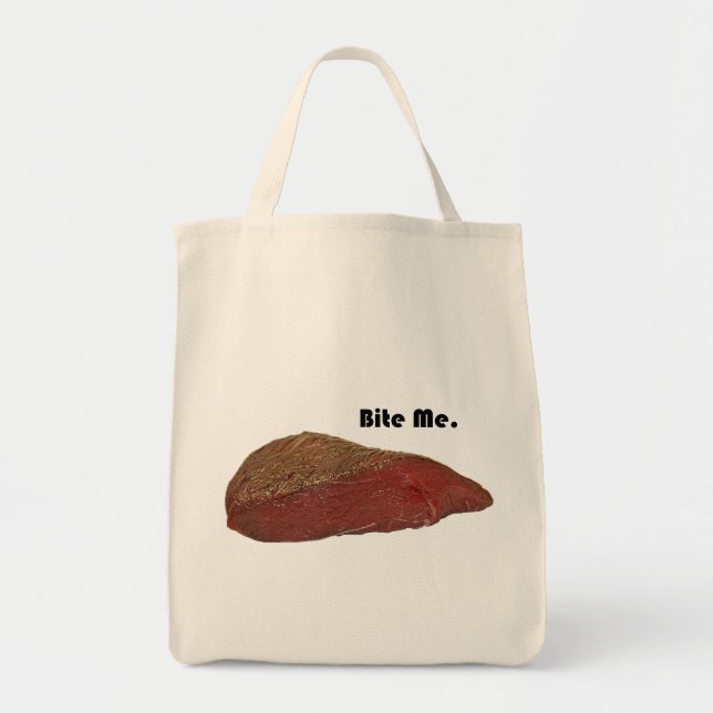 Funny Steak Cartoon, “Bite Me” Meat Pun Design Tote Bag (Front)